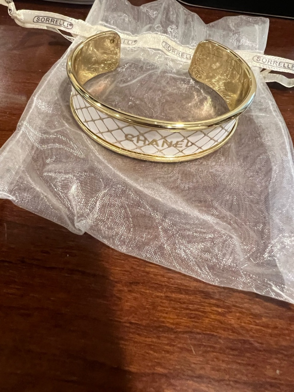 Chanel White and Gold Logo Enamel Cuff Bracelet